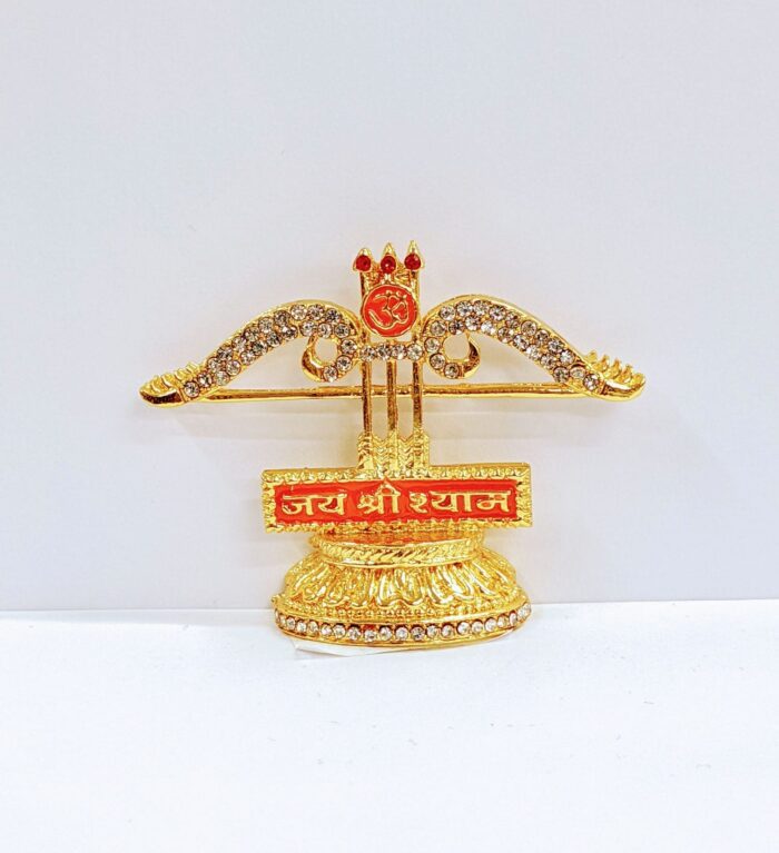 Image of a car dashboard Idol with a symbol and writing Jai Shri Shyam