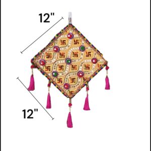 dimensions on the Image of a cream handcrafted kite shaped wall hanging for home decor and Diwali decorations in Canada and the US.