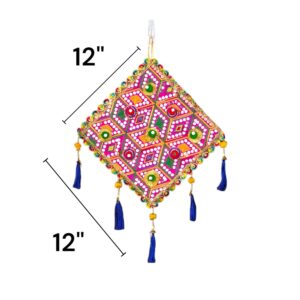 dimensions on the Image of a Pink handcrafted kite shaped wall hanging for home decor and Diwali decorations in Canada and the US.
