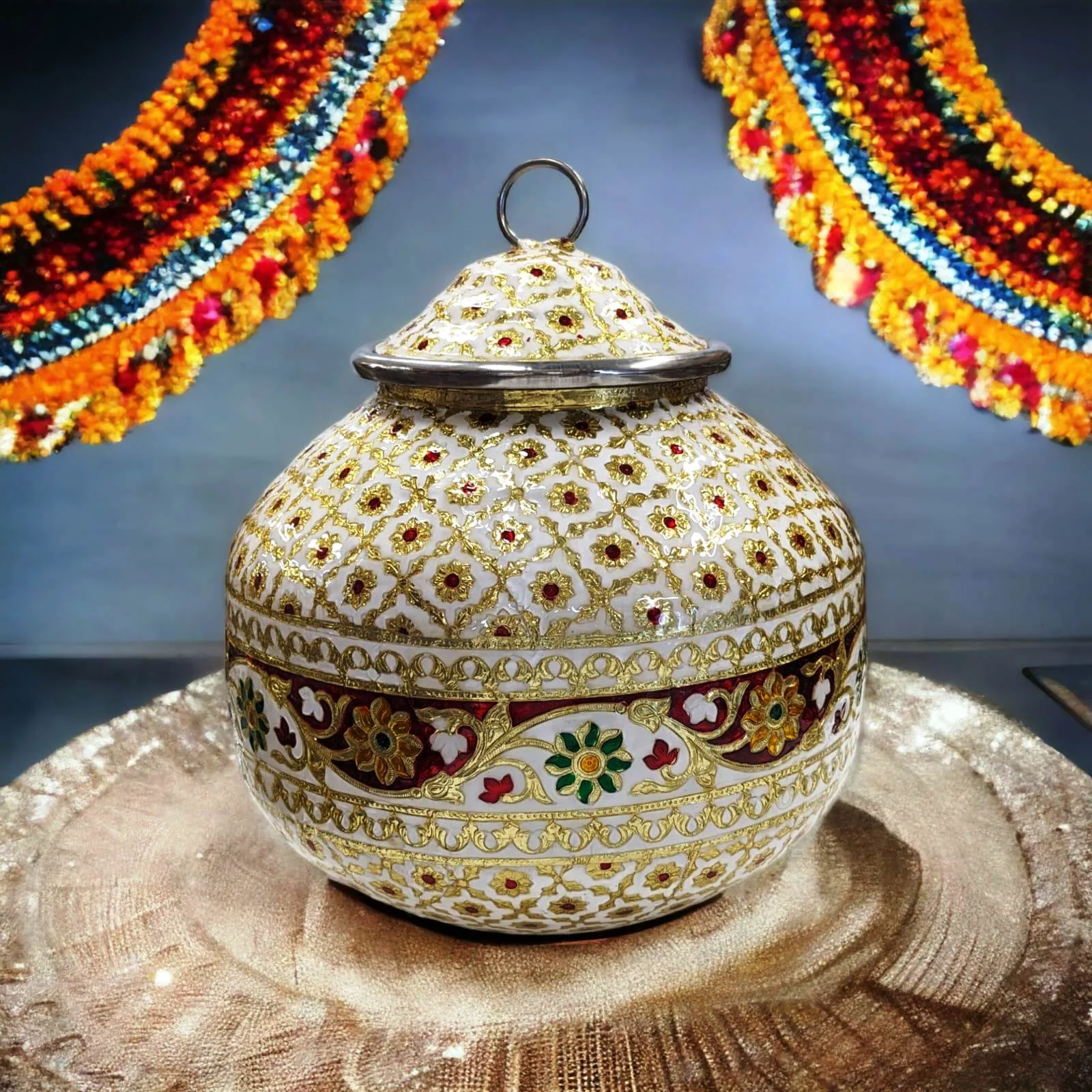 Meenakari Matka for Ghadoli, House Warming, or Jaago - White - 12 Inch - Image 1