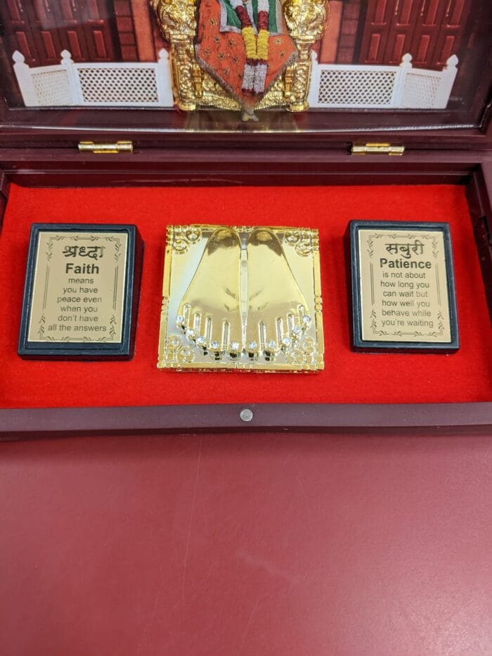 close up Image of a Diwali Gift - Gold plated Shirdi Sai baba with charan paduka
