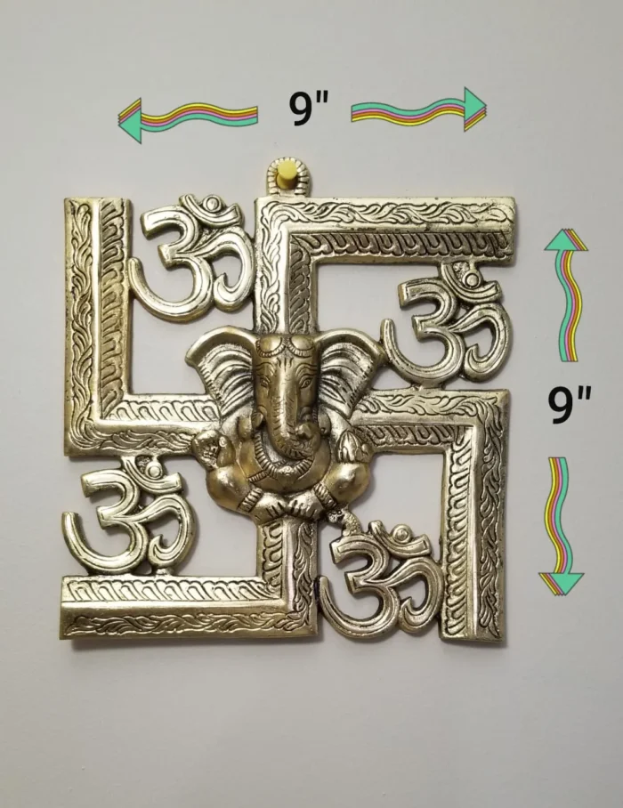 Image of a wall hanging of auspicious swastik with Ganesh and om brass hanging with dimensions