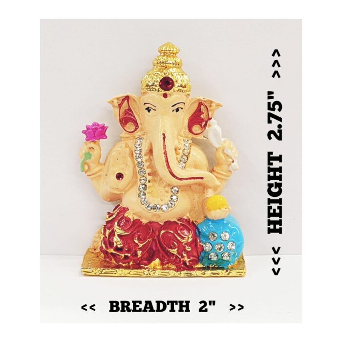 Image of a multi color Ganesha Car dashboard Statue with dimensions
