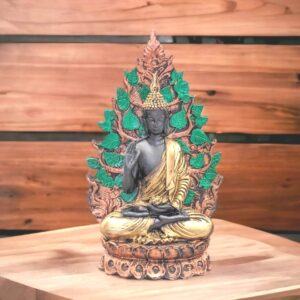 Image of a meditating buddha sitting in front a tree placed on a wooden platform, This is 9 Inches high for sale in Canada and US