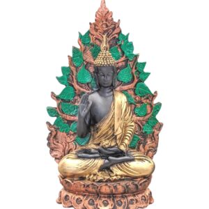 Image of a meditating buddha sitting in front a tree, This is 9 Inches high for sale in Canada and US