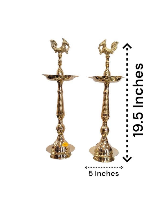 dimensions on Pair of Kerala Murga Brass Lamps in Canada and the US.