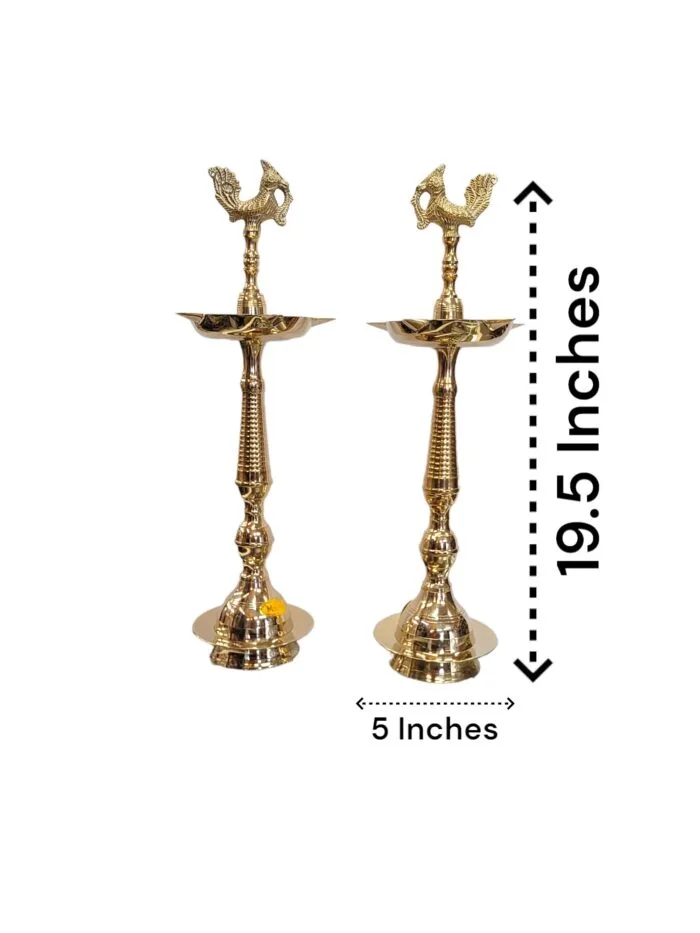 dimensions on Pair of Kerala Murga Brass Lamps in Canada and the US.