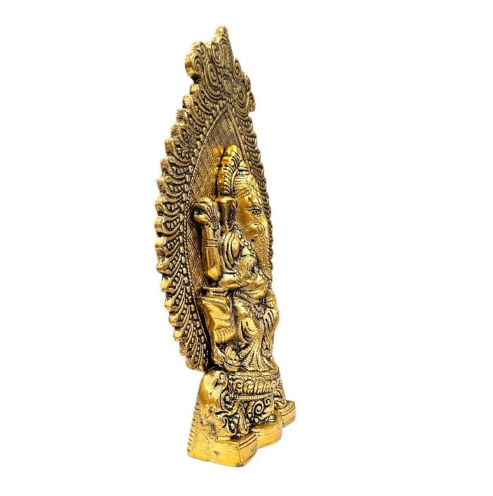 side view image Ganesha on throne metal statue for home and Gift for house warming