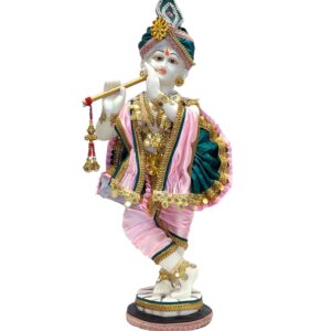 Image of a Large Krishna statue with white body color and beautiful arrangement of clothes on his body. These Idols are for sale in Canada and US only