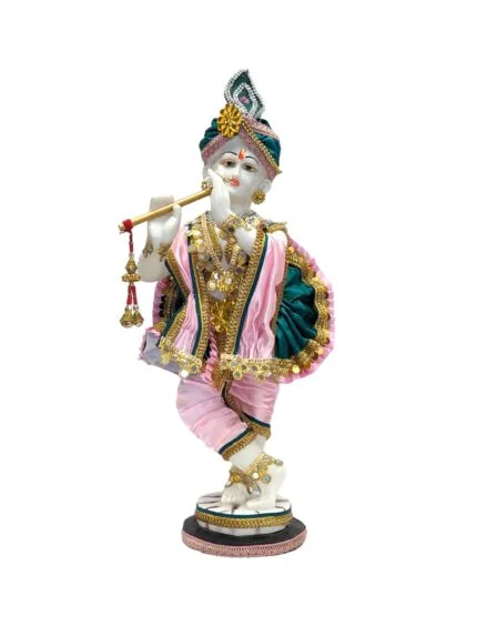 Image of a Large Krishna statue with white body color and beautiful arrangement of clothes on his body. These Idols are for sale in Canada and US only