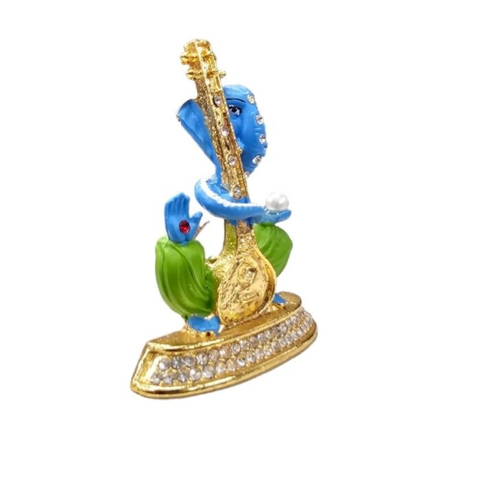 side view Image of Ganesha Car dashboard Idol holding a veena - blue