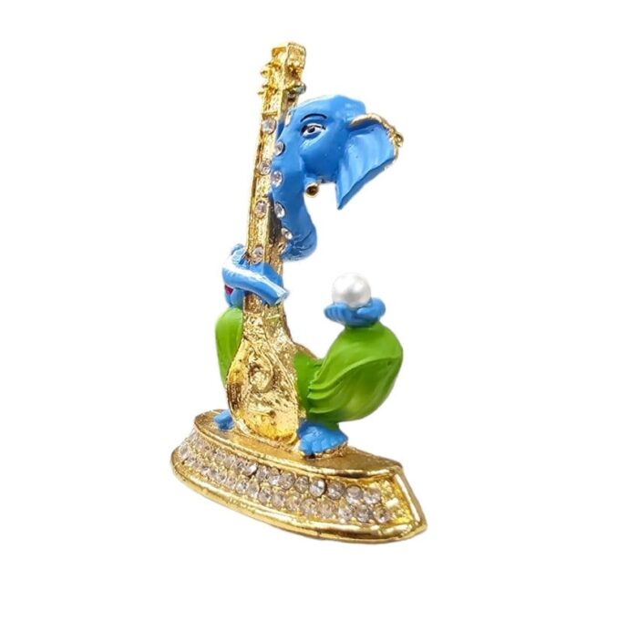 side view Image of Ganesha Car dashboard Idol holding a veena - blue