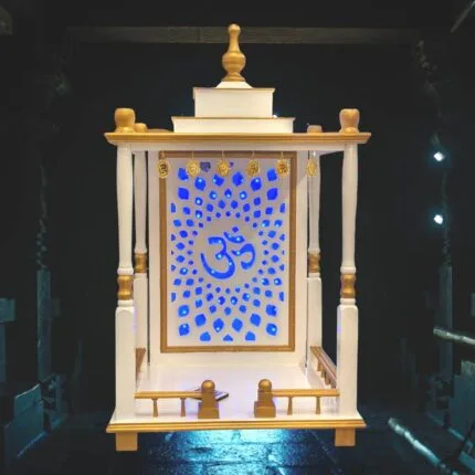 Image of a large sized wooden home temple with white gold finish