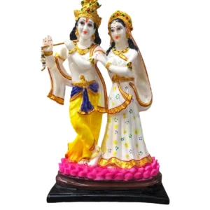 Large idol of Radha Krishna made out of marble dust poly stone with golden hues accent standing on a lotus