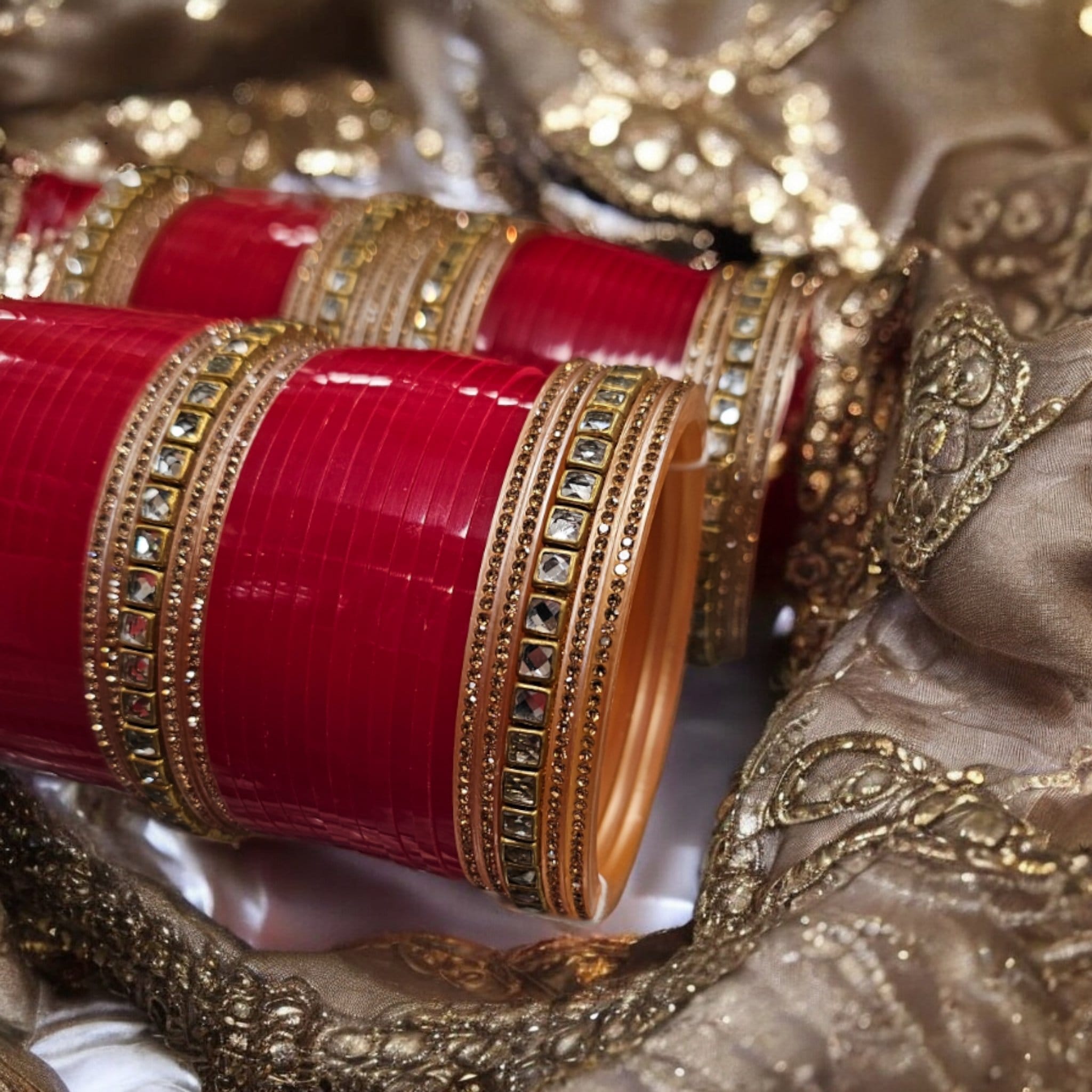 Designer Red Wedding Chura bangles with Kundan and Golden Oxidized gemstone work