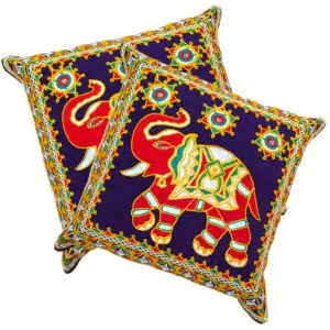 Image of Embroidery Cushion covers with elephants with trunk up for adding positive aura in your Living room.