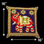 Image with dimensions of Embroidery Cushion covers with elephants with trunk up for adding positive aura in your Living room.