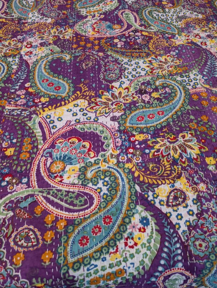 Handcrafted Quilted Kantha Patchwork Bed Cover-Purple - Image 2