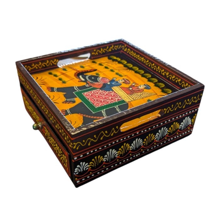 Hand painted wooden Tray with Drawers - Maroon