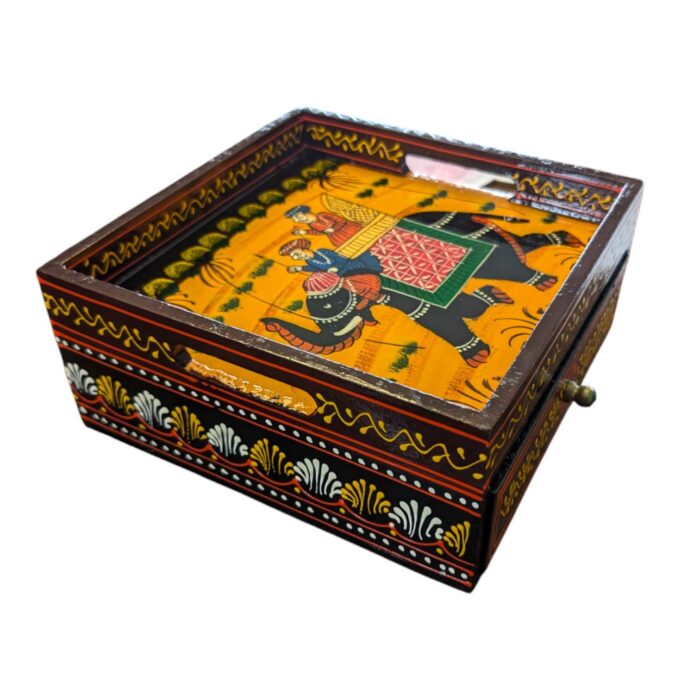 Hand painted wooden Tray with Drawers - Maroon