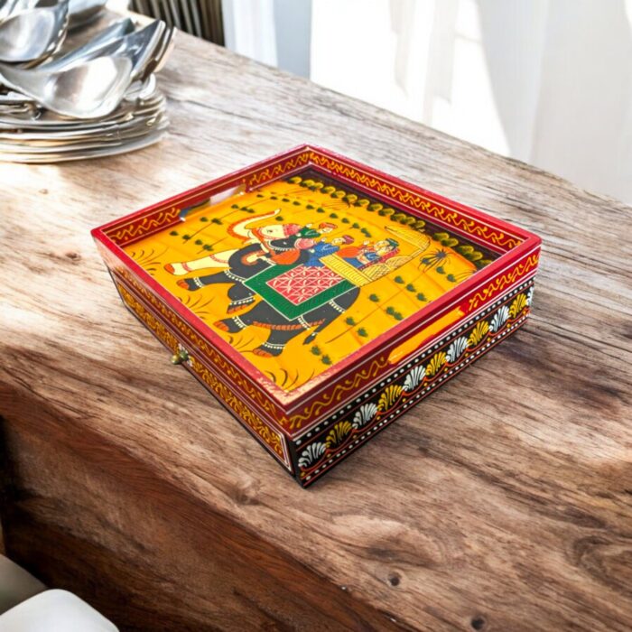 Large ethnic Indian gift Idea - Hand painted tray with drawers showcasing the rich cultural rajasthani art.