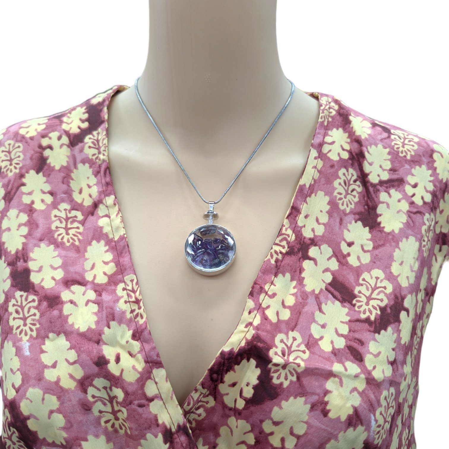 Amethyst natural stone pendant necklace - Round