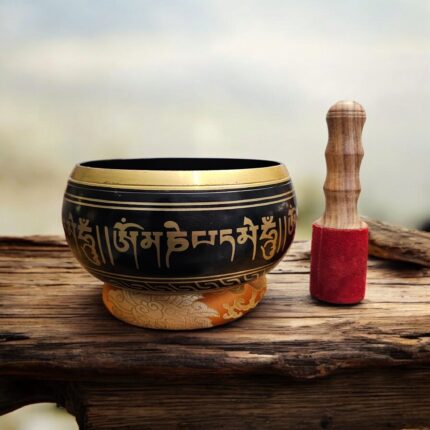 8 inch brass Tibetan singing bowl complete Set - Black