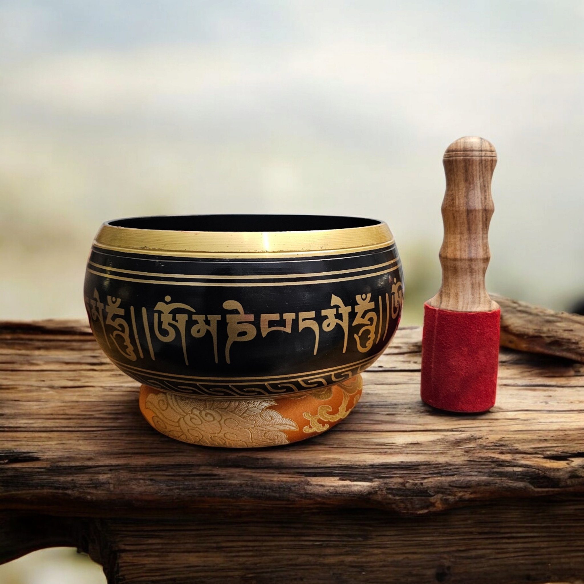 8 inch brass Tibetan singing bowl complete Set - Black 8 inch brass Tibetan singing bowl complete Set - Black