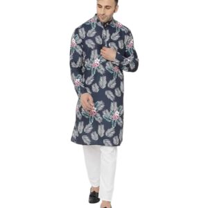 Men Navy Blue & White Floral Printed Kurta