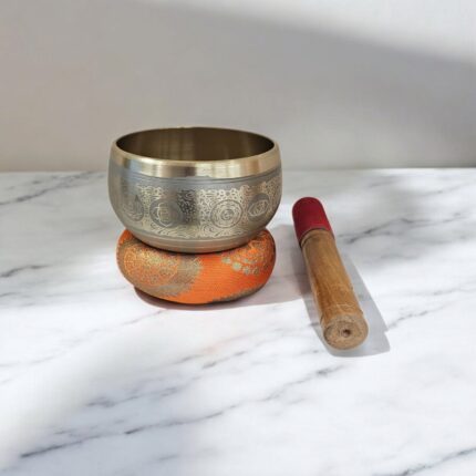 Brass Tibetan Singing Bowl set - 4.5 inch wide with cushion cover and wooden mallet