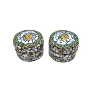 Pair of Decorative Steel Kumkum Boxes - White Mosaic