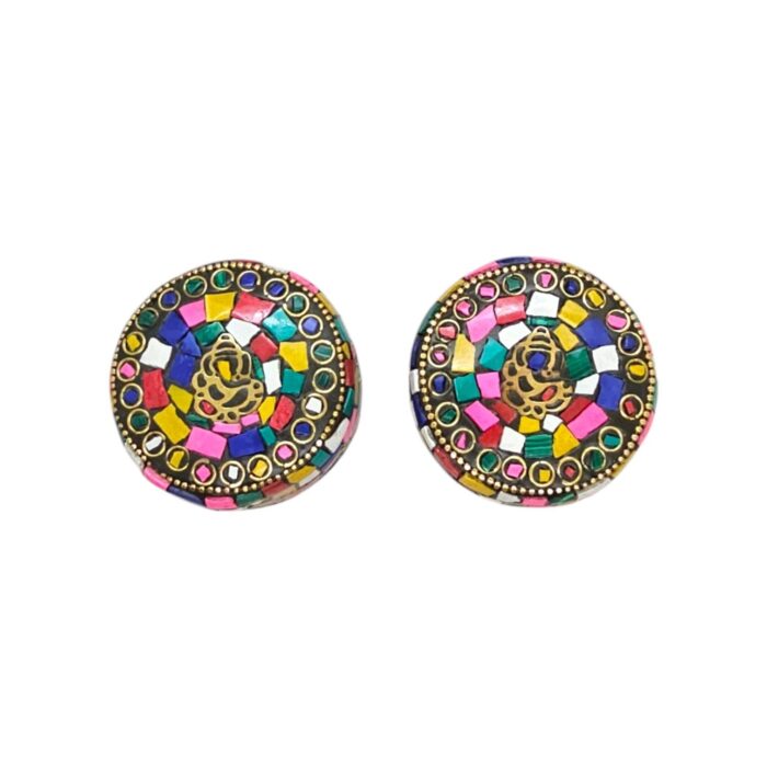 Pair of Decorative Steel Kumkum Boxes - Multi Color Mosaic - Brass Ganesha