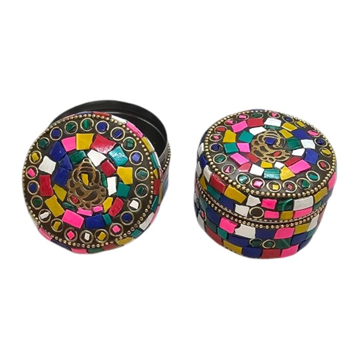 Pair of Decorative Steel Kumkum Boxes - Multi Color Mosaic - Brass Ganesha