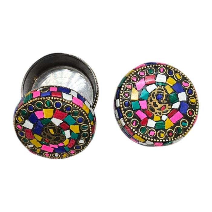 Pair of Decorative Steel Kumkum Boxes - Multi Color Mosaic - Brass Ganesha