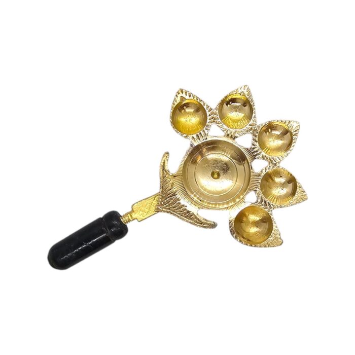 Brass Panchdeep Diya - Size 0 | Panch aarti with Wooden Holder