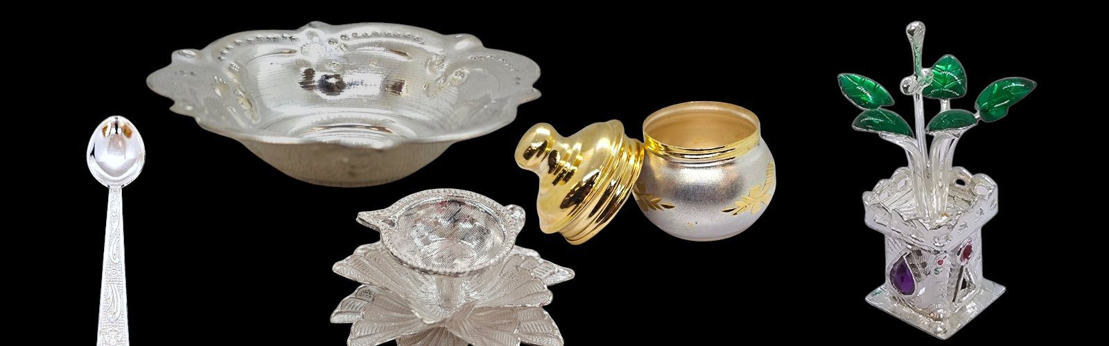 Pure Silver Articles including Silver Spoon, Bowls, Tulsi Plants, Diya | Silver Shop in Canada