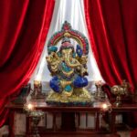 Brass Idol of Ganesh on Throne -Blue dhoti- Mosaic | Ganesha Statue