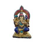 Brass Idol of Ganesh on Throne -Blue dhoti- Mosaic | Ganesha Statue