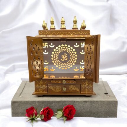 Small Wooden Mandir for Home - Led Backlit Panel and Doors