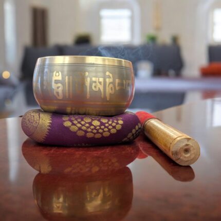 Brass Tibetan Singing Bowl Set - Grey with Tree of life | Tibetan singing bowl sets for beginners