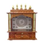 Wooden Mandir for Home | Brown with Golden Hue | Om LED Back panel
