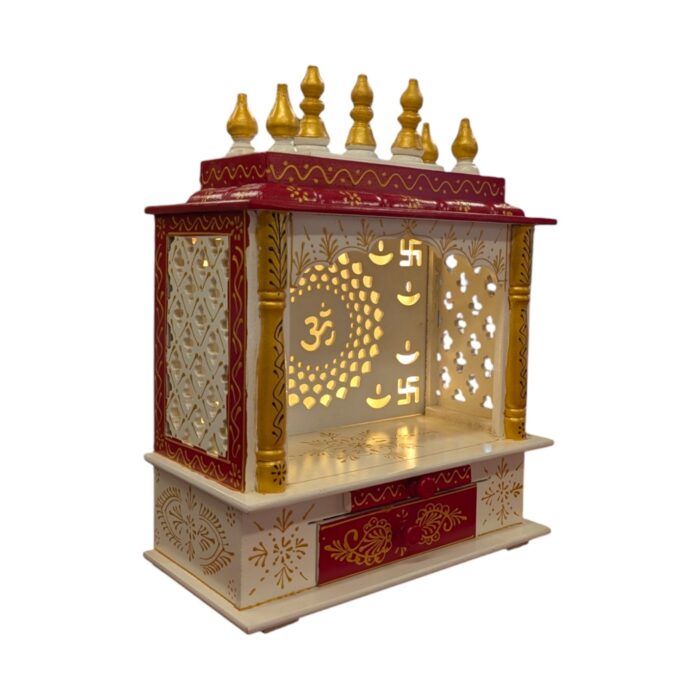 Wooden Mandir for Home | Red with Golden Hue | Om LED Back panel