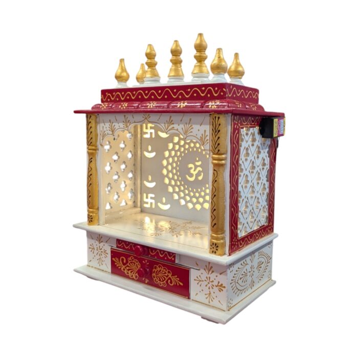 Wooden Mandir for Home | Red with Golden Hue | Om LED Back panel