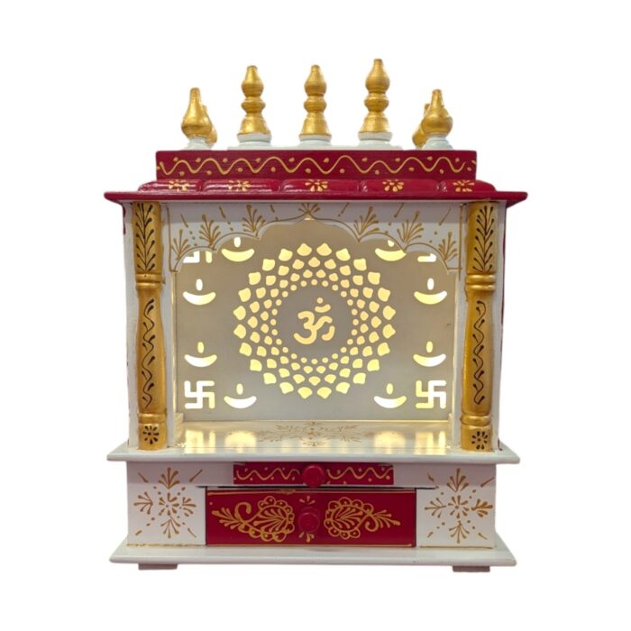 Wooden Mandir for Home | Red with Golden Hue | Om LED Back panel