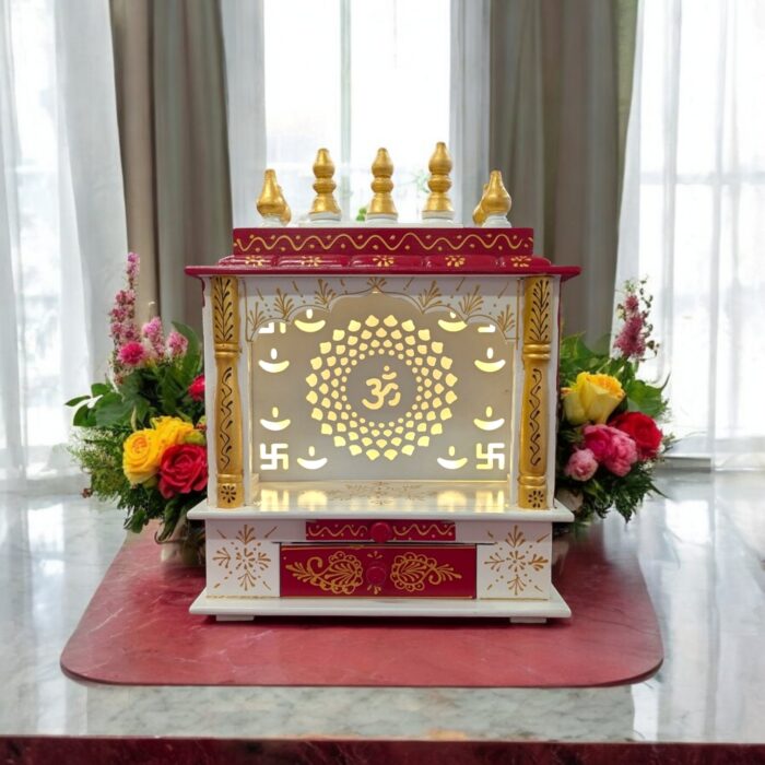 Wooden Mandir for Home | Red with Golden Hue | Om LED Back panel