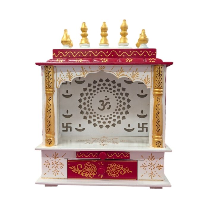 Wooden Mandir for Home | Red with Golden Hue | Om LED Back panel