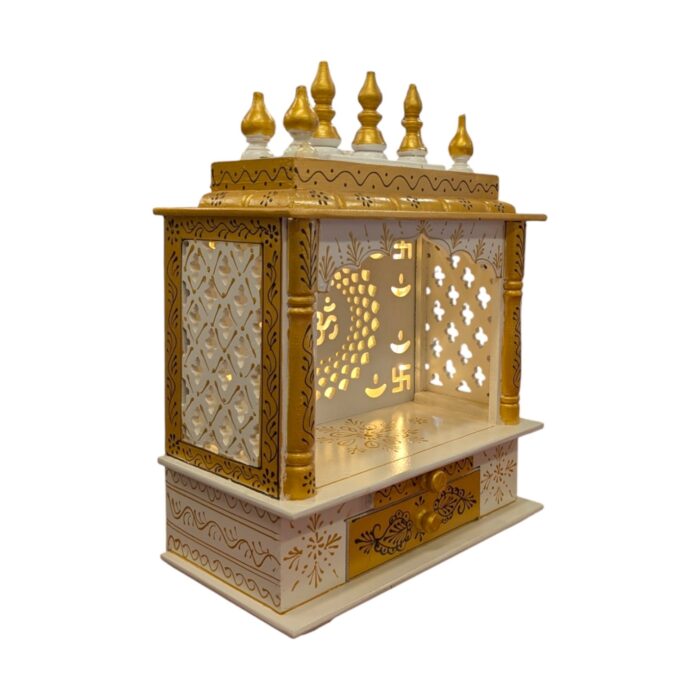Wooden Mandir for Home | White with Golden Hue | Om LED Back panel