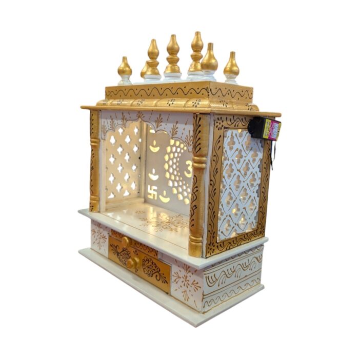 Wooden Mandir for Home | White with Golden Hue | Om LED Back panel
