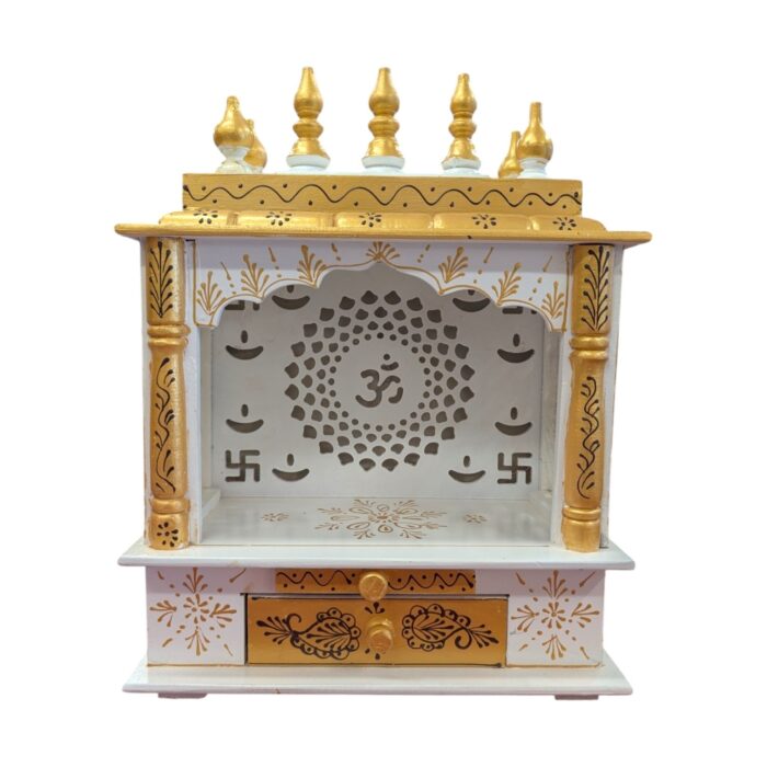 Wooden Mandir for Home | White with Golden Hue | Om LED Back panel