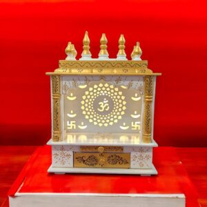 Wooden Mandir for Home | White with Golden Hue | Om LED Back panel
